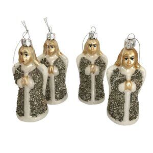 VTG Hand Painted Glass Angel Ornament Set 4 Glitter Robes Mercury Glass Style 5"